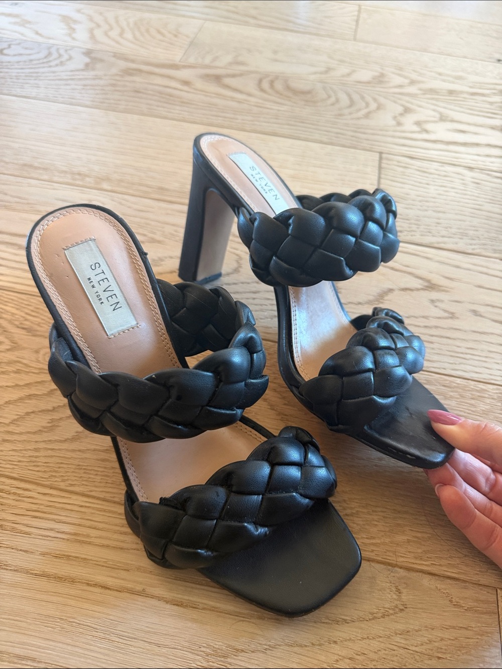 Steven New York Black Braided Double-Strap Block Heel Mule